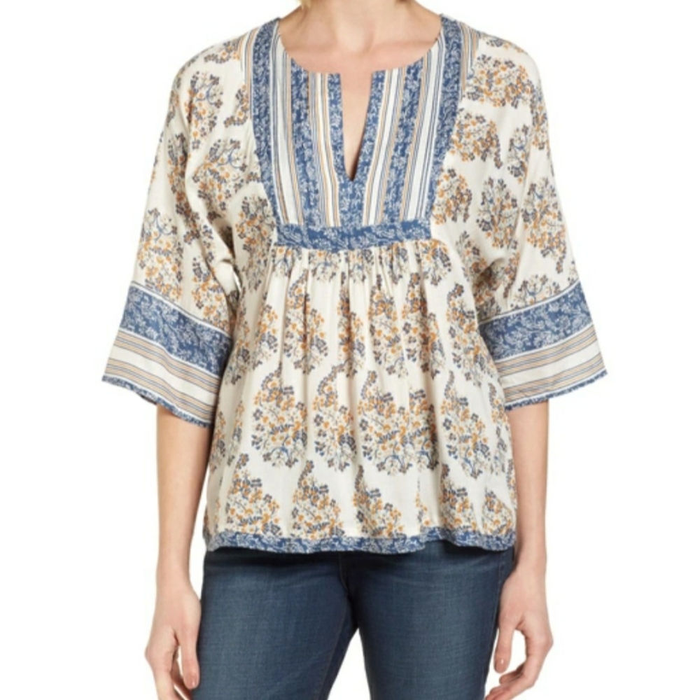 Lucky Brand Floral Babydoll 3/4 Sleeves Floral Blouse Size M Bohemian Beachy